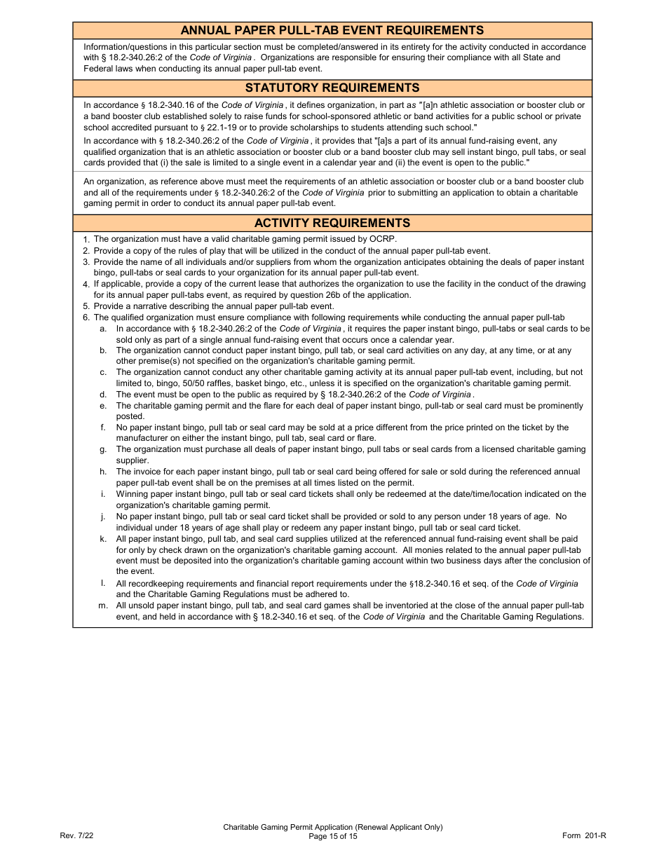 Form 201-R Charitable Gaming Permit Application (Renewal Applicant Only) - Virginia, Page 15