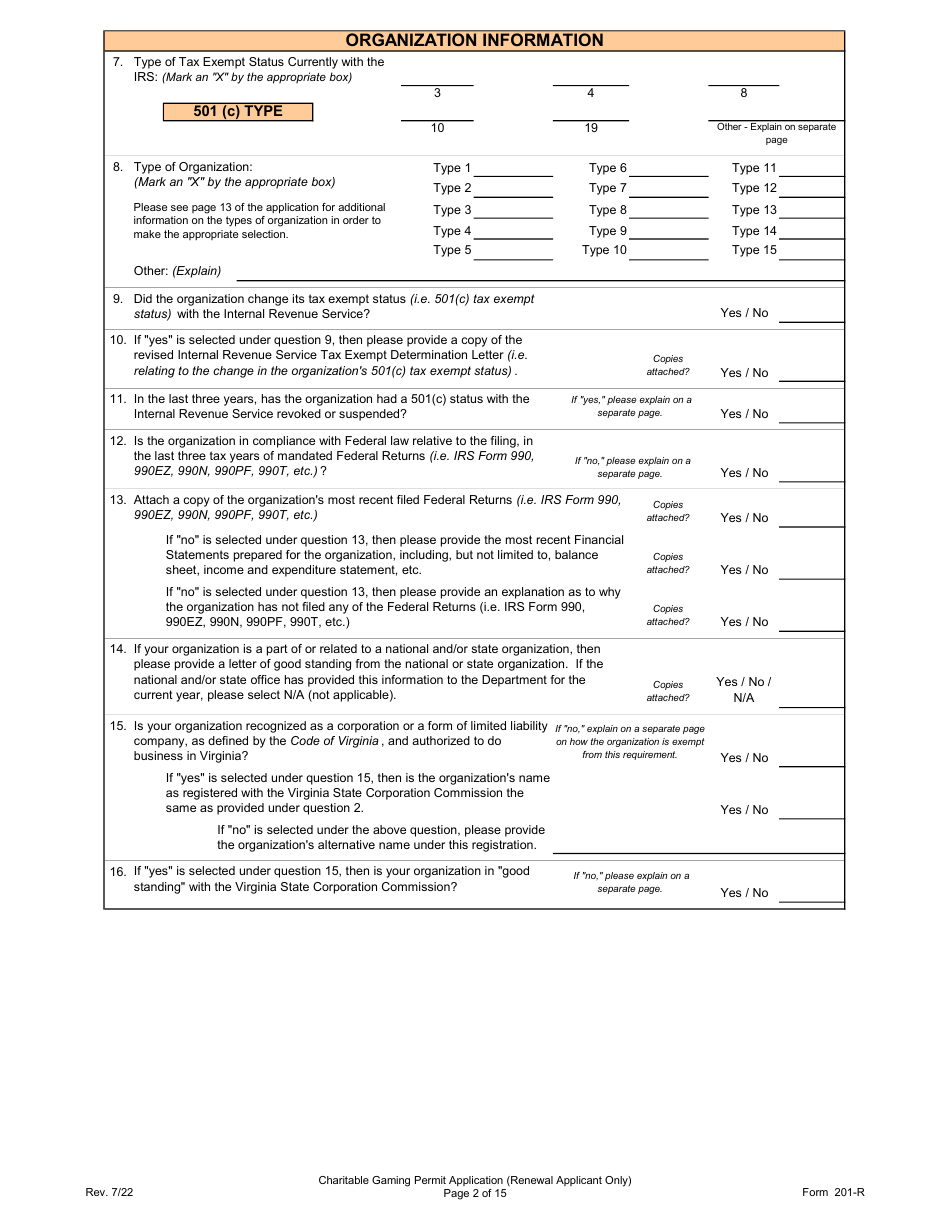 Form 201-R Charitable Gaming Permit Application (Renewal Applicant Only) - Virginia, Page 2