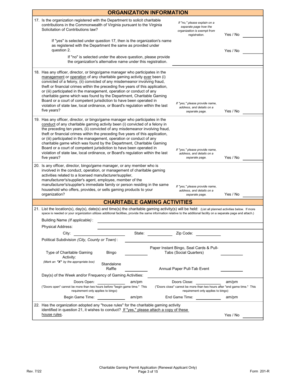 Form 201-R Charitable Gaming Permit Application (Renewal Applicant Only) - Virginia, Page 3