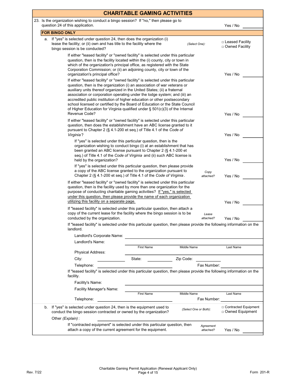 Form 201-R Charitable Gaming Permit Application (Renewal Applicant Only) - Virginia, Page 4