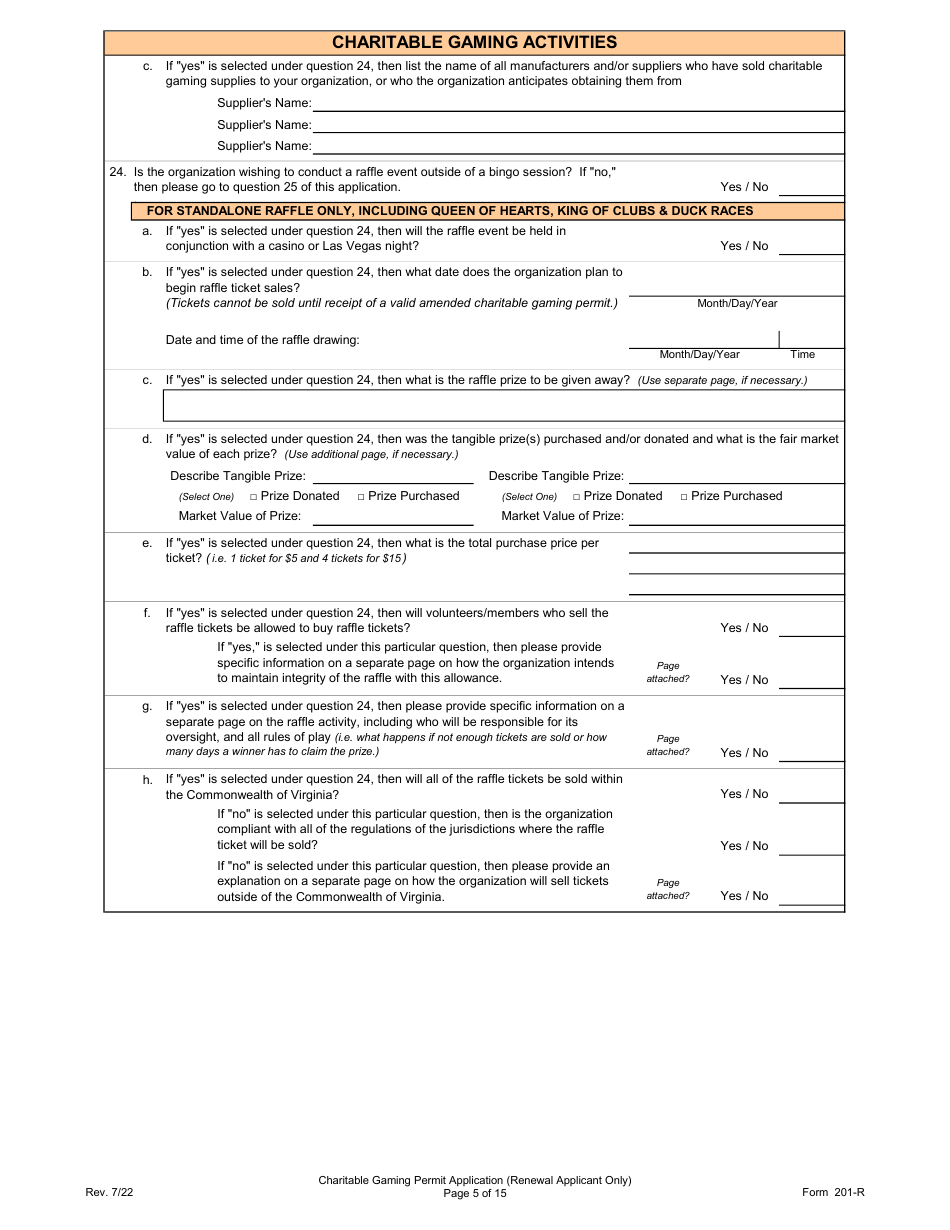Form 201-R Charitable Gaming Permit Application (Renewal Applicant Only) - Virginia, Page 5