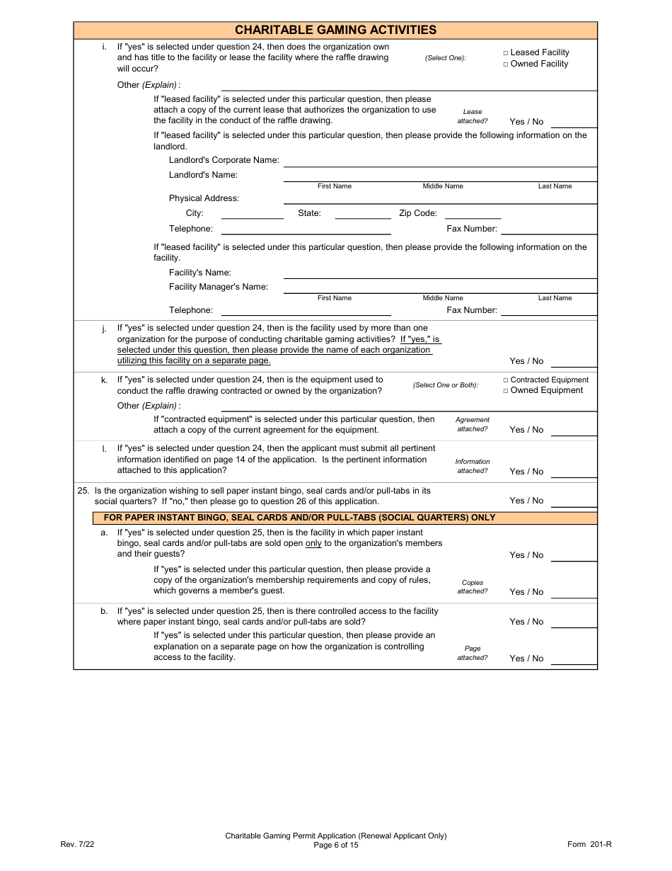 Form 201-R Charitable Gaming Permit Application (Renewal Applicant Only) - Virginia, Page 6