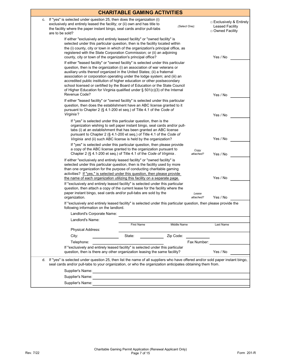 Form 201-R Charitable Gaming Permit Application (Renewal Applicant Only) - Virginia, Page 7