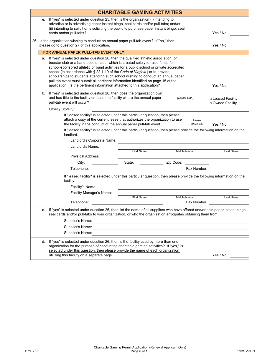 Form 201-R Charitable Gaming Permit Application (Renewal Applicant Only) - Virginia, Page 8