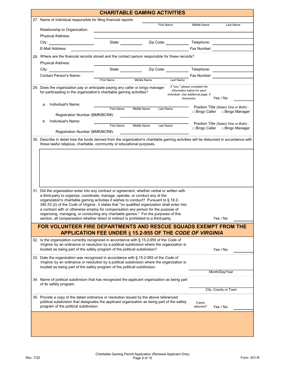 Form 201-R Charitable Gaming Permit Application (Renewal Applicant Only) - Virginia, Page 9