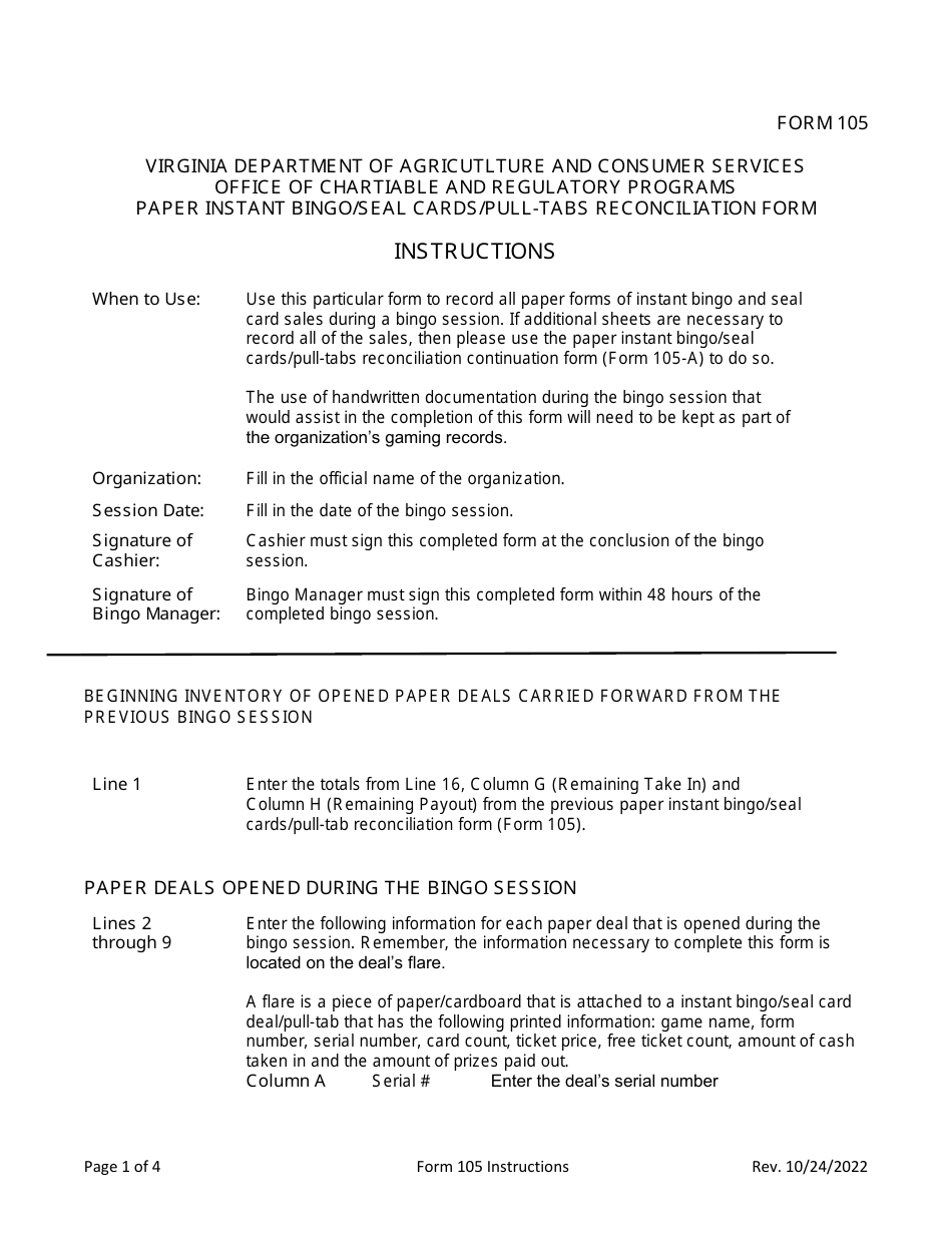 Instructions for Form 105 Paper Instant Bingo / Seal Cards / Pull-Tabs Reconciliation Form - Virginia, Page 1