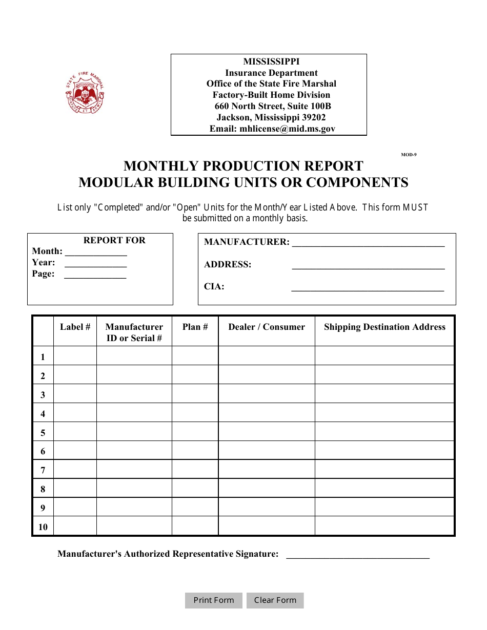 Form MOD-9 Monthly Production Report - Modular Building Units or Components - Mississippi, Page 1