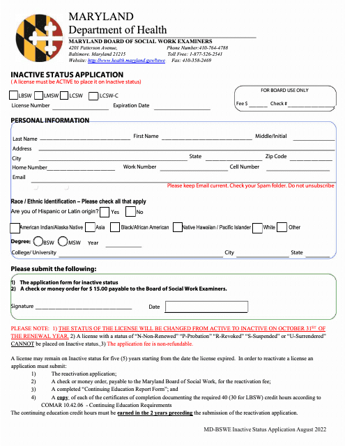 Inactive Status Application - Maryland Download Pdf