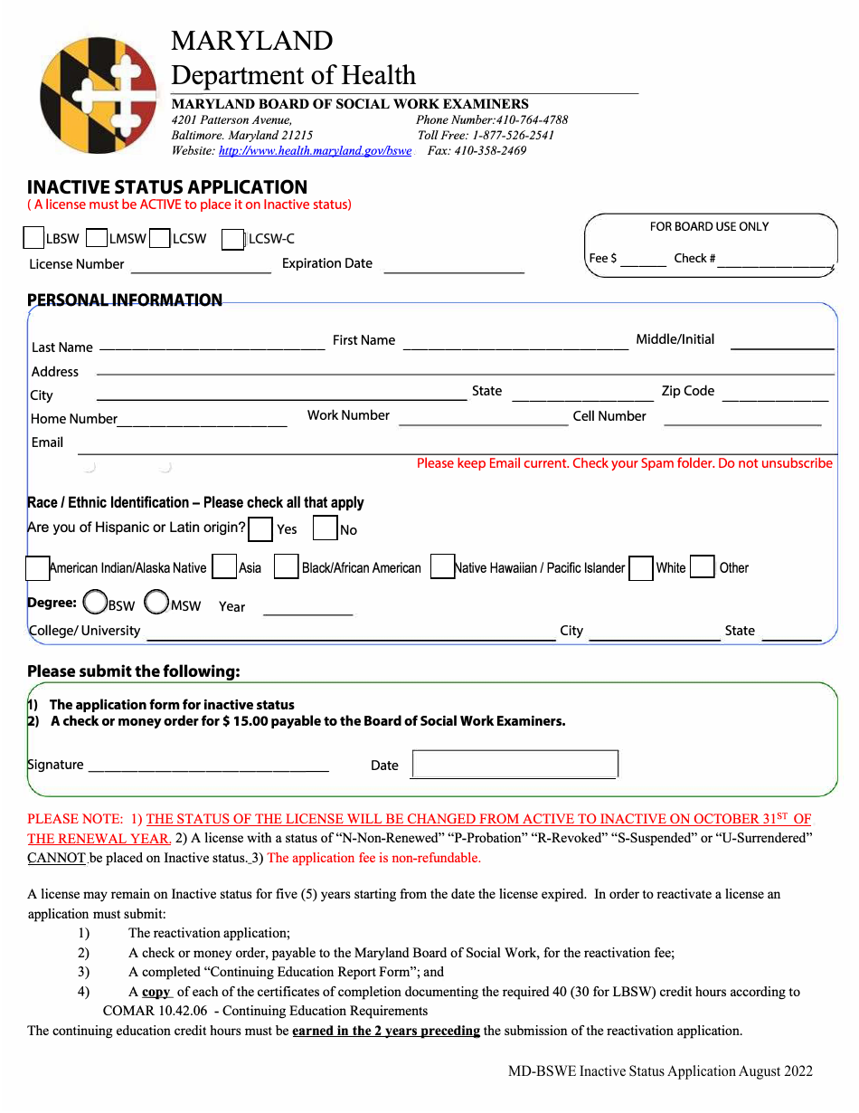 Maryland Inactive Status Application Fill Out, Sign Online and