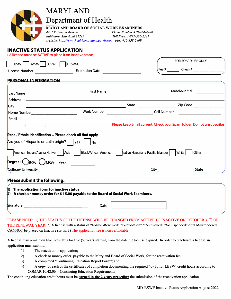 Inactive Status Application - Maryland, Page 1