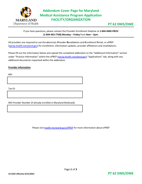 Addendum Cover Page for Maryland Medical Assistance Program Application - Facility / Organization - Pt 62 DMS / Dme - Maryland Download Pdf