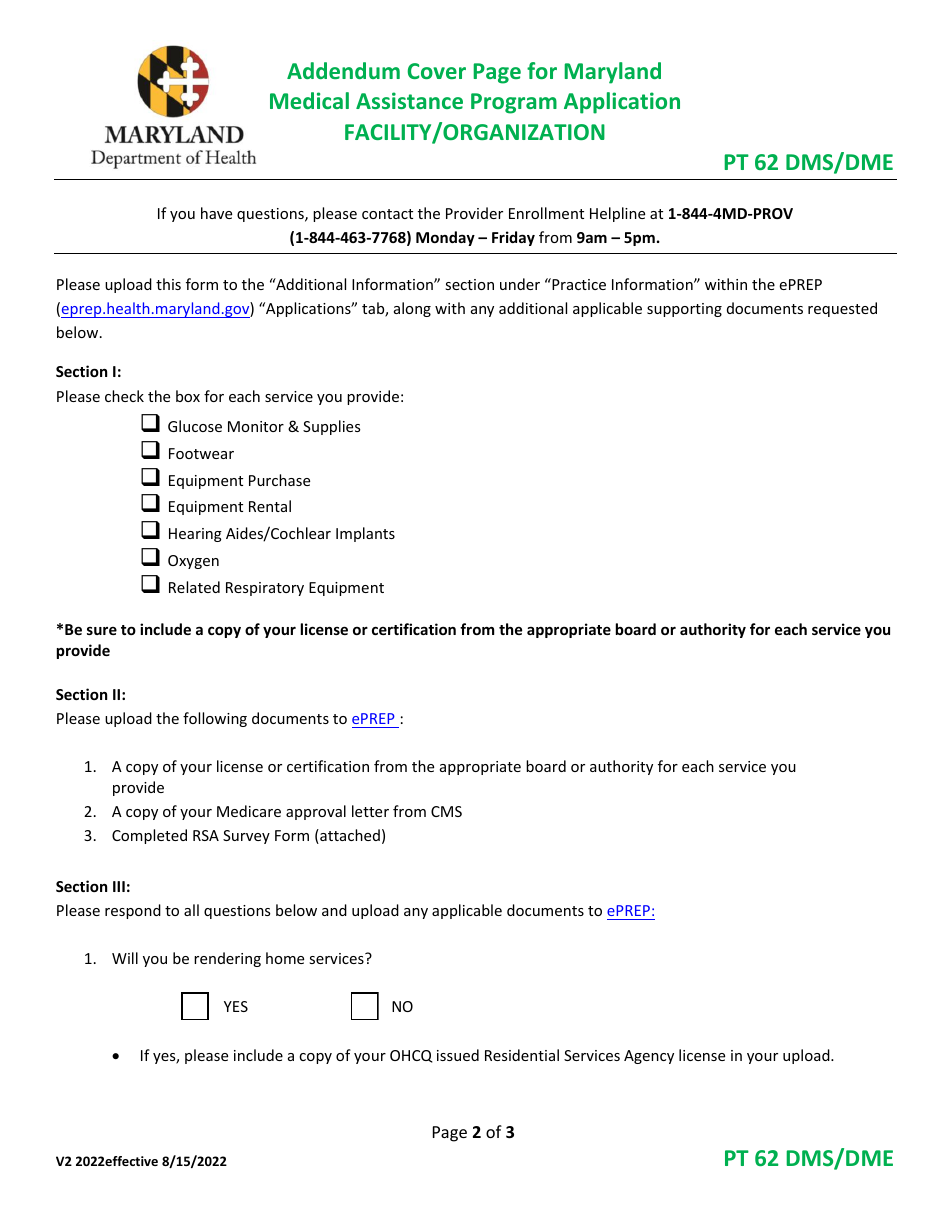 Addendum Cover Page for Maryland Medical Assistance Program Application - Facility / Organization - Pt 62 DMS / Dme - Maryland, Page 2
