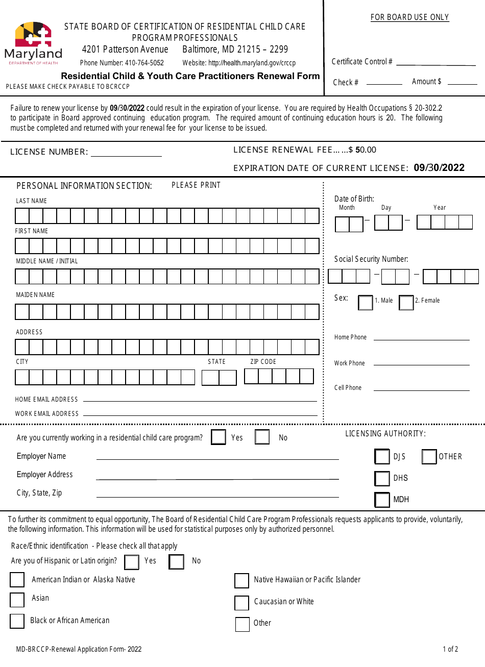 Form MD-BRCCP Residential Child  Youth Care Practitioners Renewal Form - Maryland, Page 1