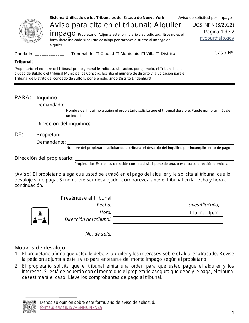 Formulario UCS-NPN Aviso Para Cita En El Tribunal - Alquiler Impago - New York (Spanish), Page 1