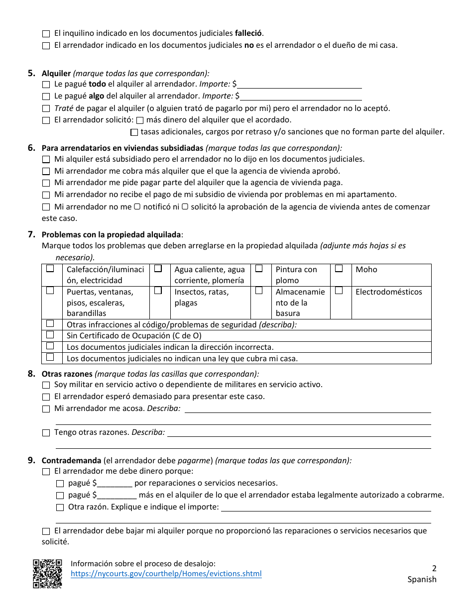Informacion Sobre La Contestacion - Que Hacer Si Su Arrendador Dice Que Le Debe El Alquiler Y Tiene Una Fecha En El Tribunal - New York (Spanish), Page 2