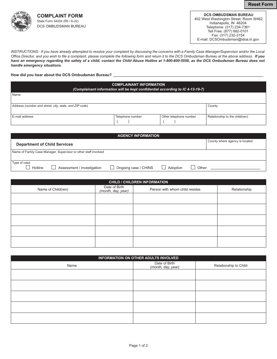 State Form 54204 Complaint Form - Indiana, Page 1