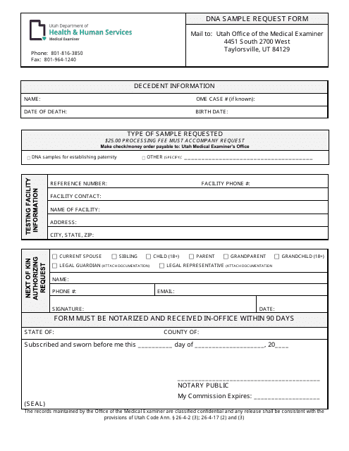Dna Sample Request Form - Utah Download Pdf