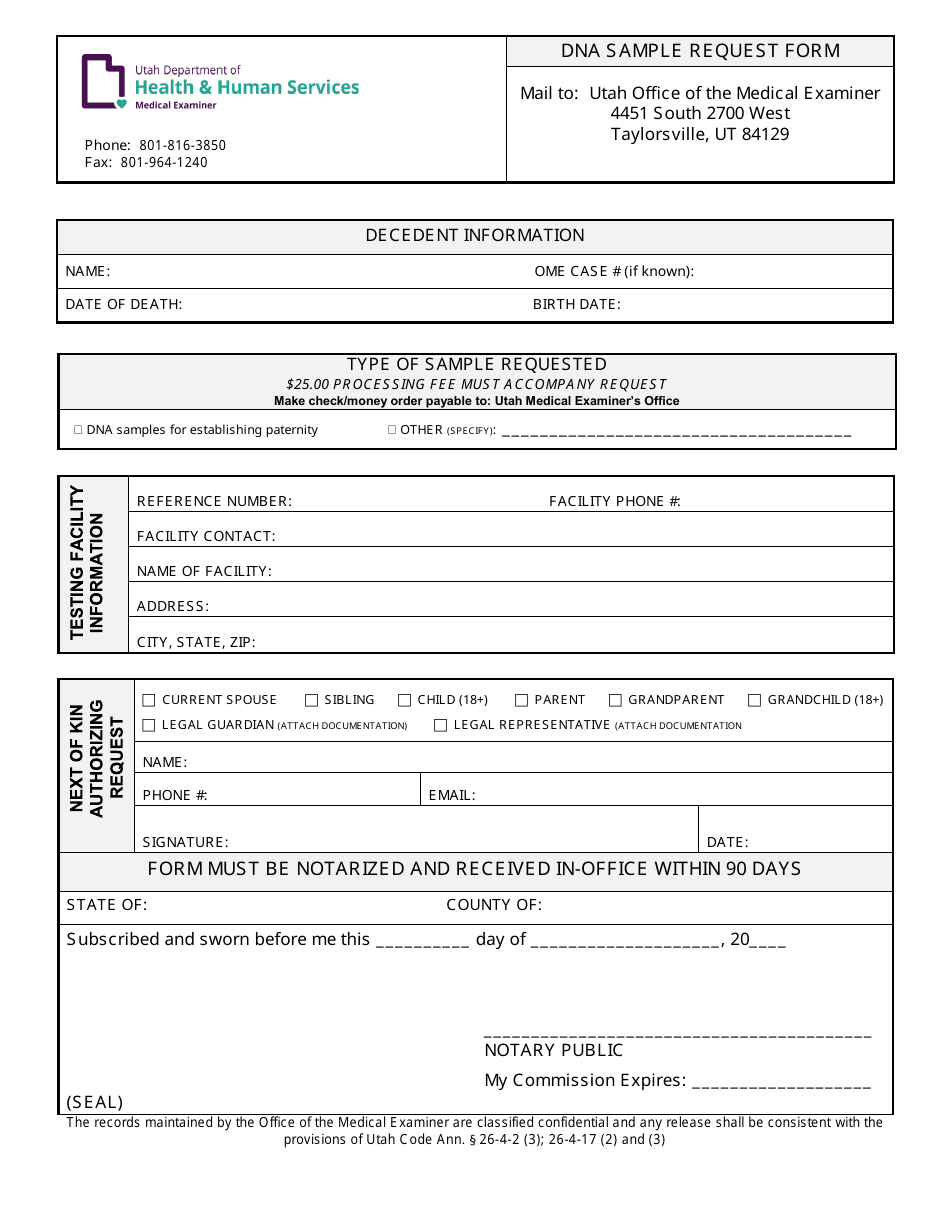 Dna Sample Request Form - Utah, Page 1