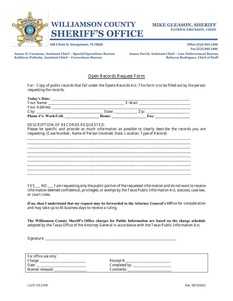 Form LSUP.103.21RR Open Records Request Form - Williamson County, Texas, Page 1