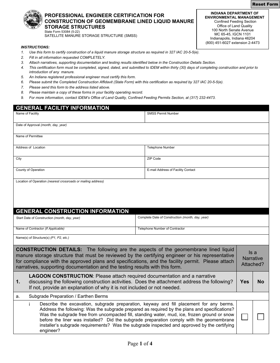 State Form 53084 Professional Engineer Certification for Construction of Geomembrane Lined Liquid Manure Storage Structures - Indiana, Page 1