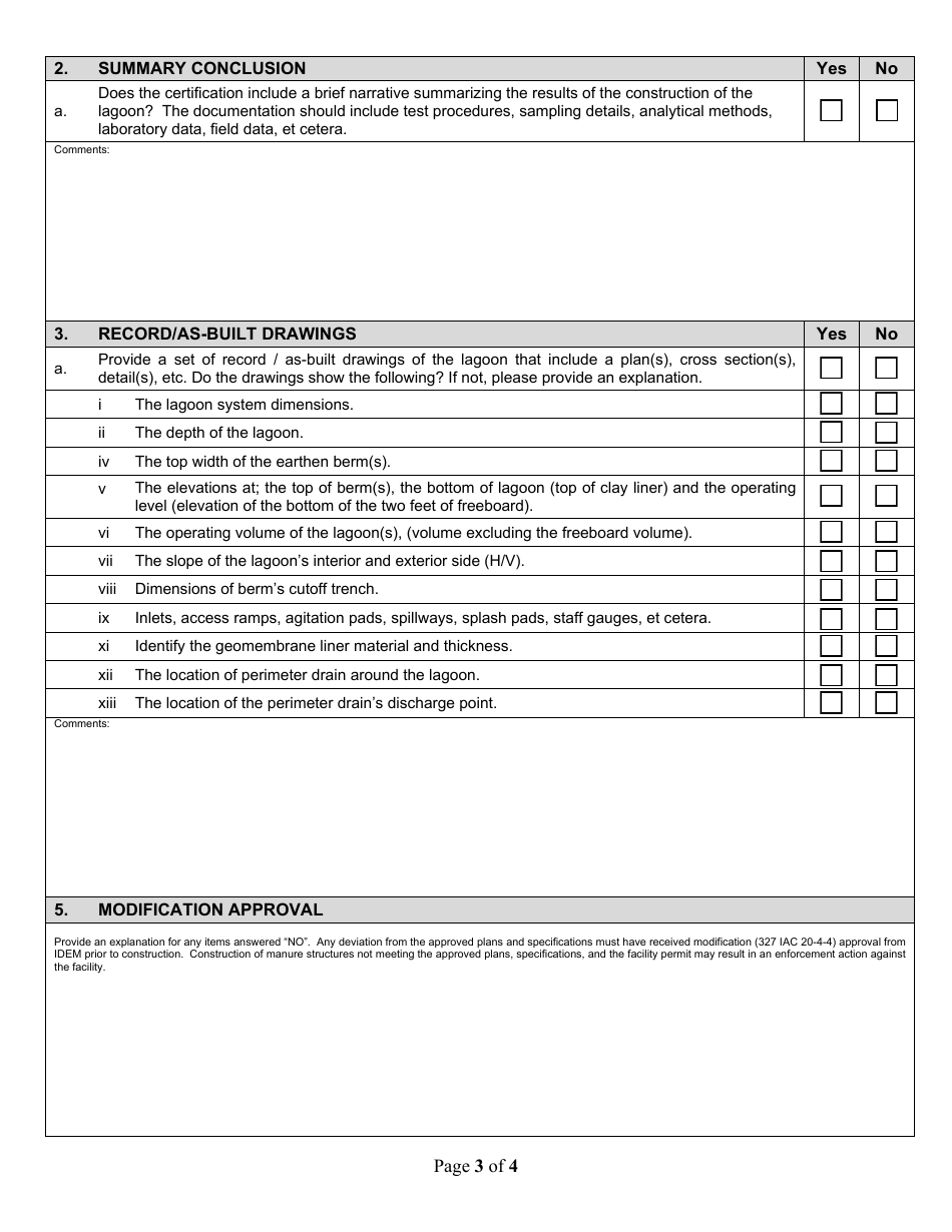 State Form 53084 Professional Engineer Certification for Construction of Geomembrane Lined Liquid Manure Storage Structures - Indiana, Page 3