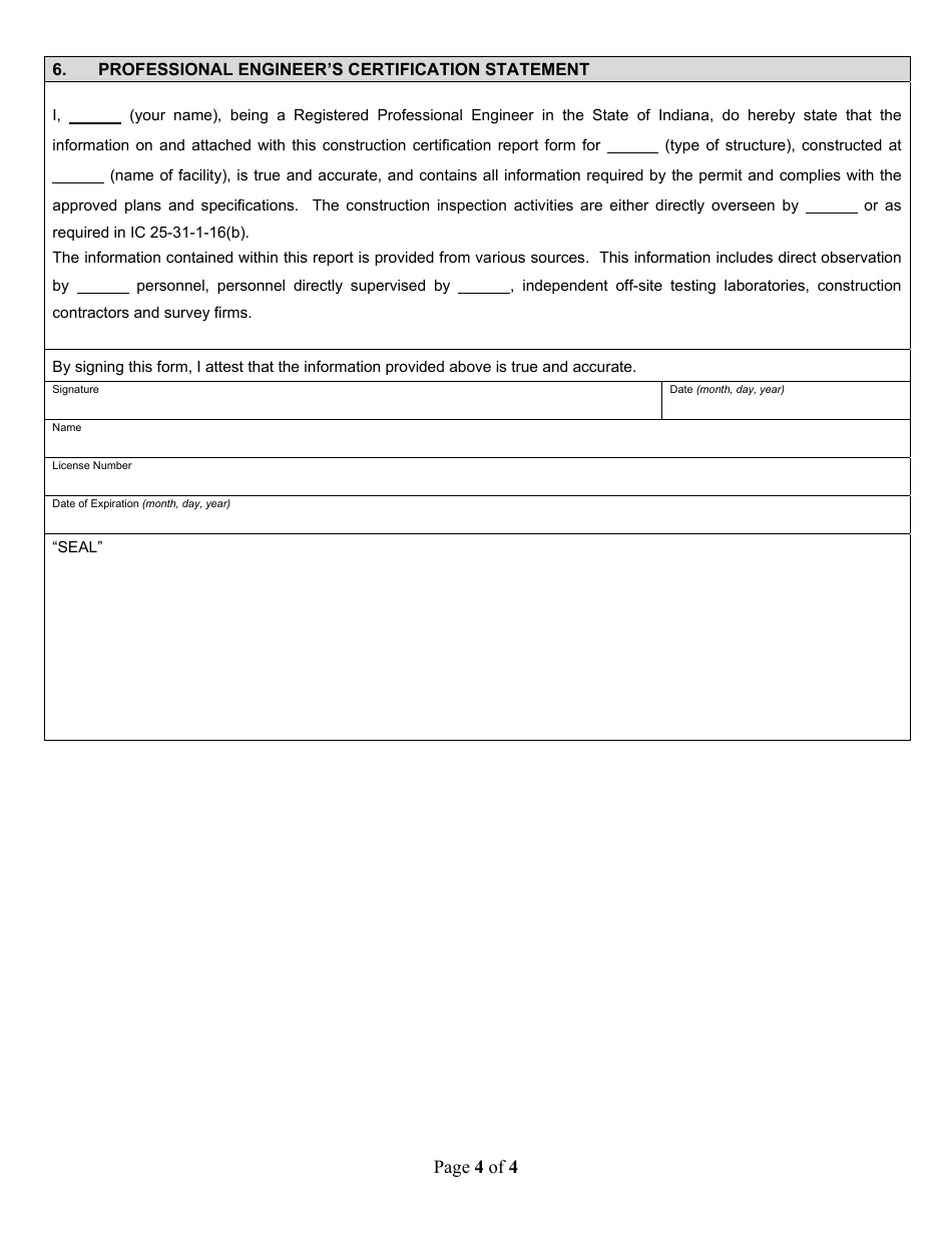 State Form 53084 Professional Engineer Certification for Construction of Geomembrane Lined Liquid Manure Storage Structures - Indiana, Page 4
