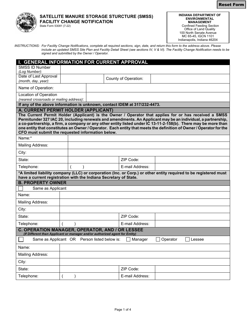 State Form 53081 Satellite Manure Storage Sturcture (Smss) Facility Change Notification - Indiana, Page 1