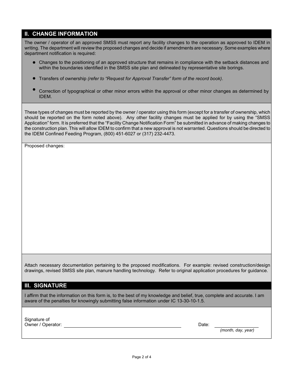 State Form 53081 Satellite Manure Storage Sturcture (Smss) Facility Change Notification - Indiana, Page 2