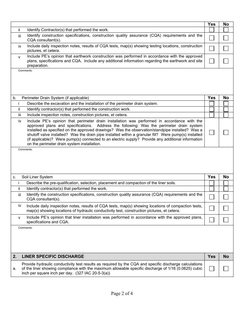 State Form 53085 Professional Engineer Certification Construction of Earthen Liquid Manure Storage Structures - Indiana, Page 2