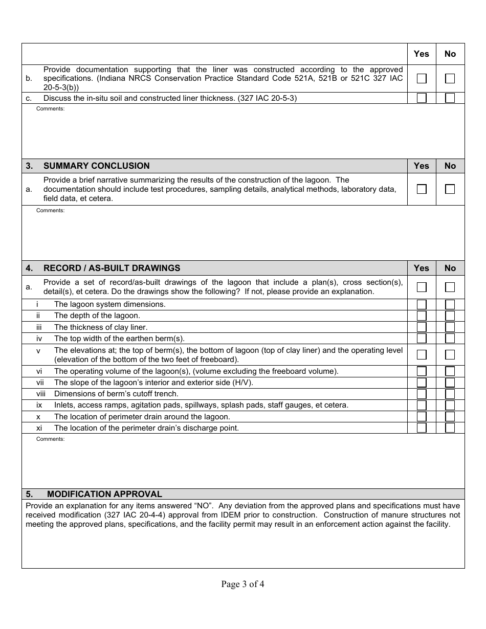 State Form 53085 Professional Engineer Certification Construction of Earthen Liquid Manure Storage Structures - Indiana, Page 3