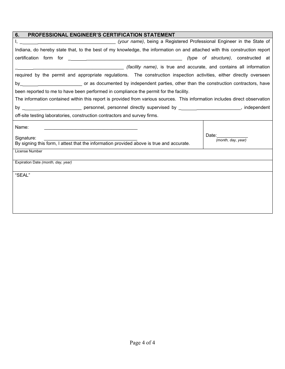State Form 53085 Professional Engineer Certification Construction of Earthen Liquid Manure Storage Structures - Indiana, Page 4