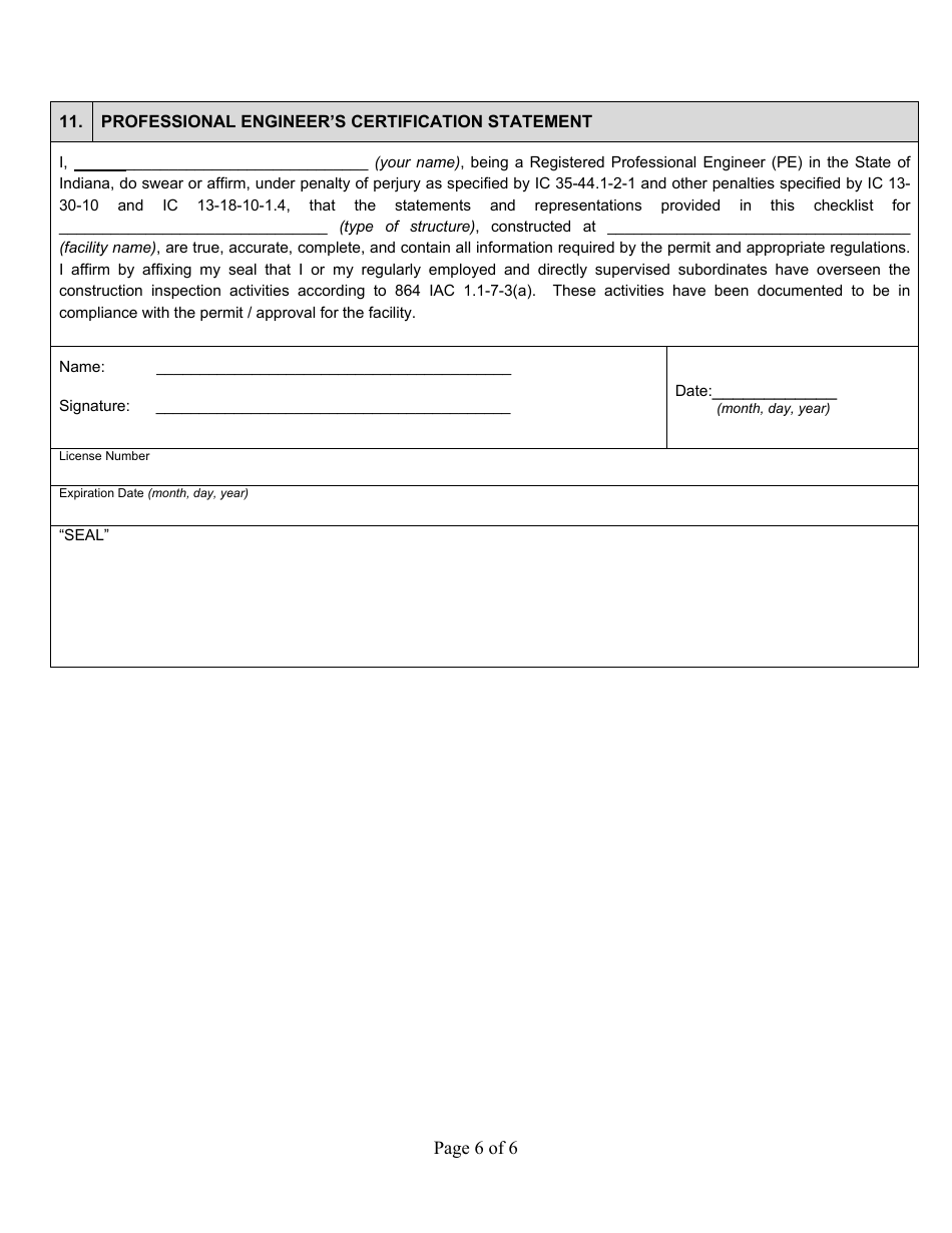 State Form 53086 Professional Engineer Certification Construction of Concrete Liquid Manure Storage Structures - Indiana, Page 6