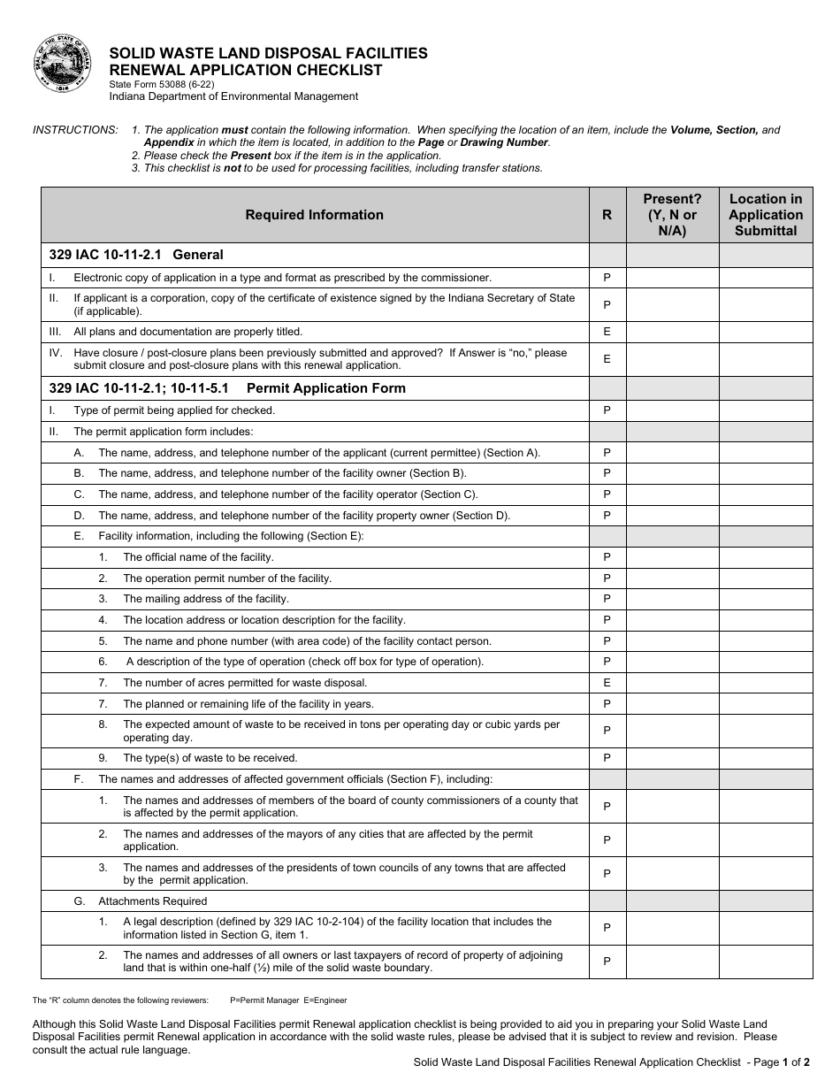 State Form 53088 Solid Waste Land Disposal Facilities Renewal Application Checklist - Indiana, Page 1