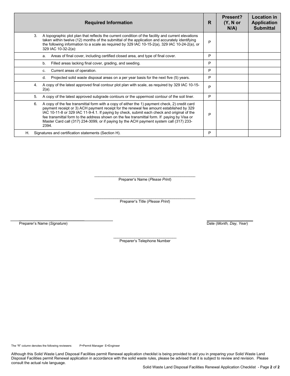 State Form 53088 Solid Waste Land Disposal Facilities Renewal Application Checklist - Indiana, Page 2