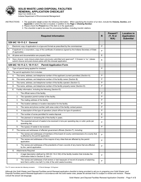 State Form 53088 Solid Waste Land Disposal Facilities Renewal Application Checklist - Indiana
