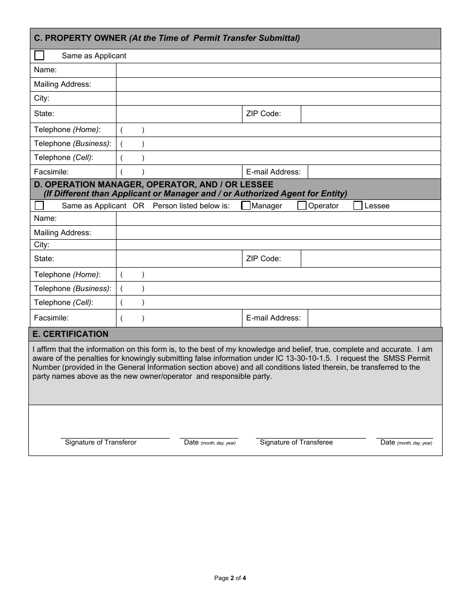 State Form 53082 Satellite Manure Storage Structure (Smss) Request for Permit Transfer - Indiana, Page 2