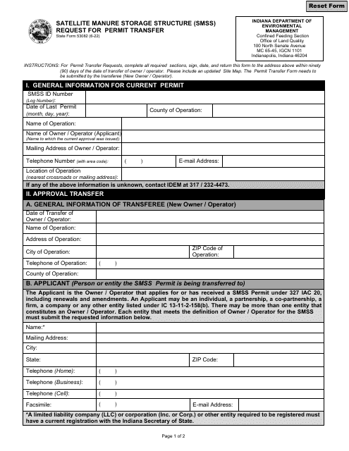 State Form 53082 Satellite Manure Storage Structure (Smss) Request for Permit Transfer - Indiana