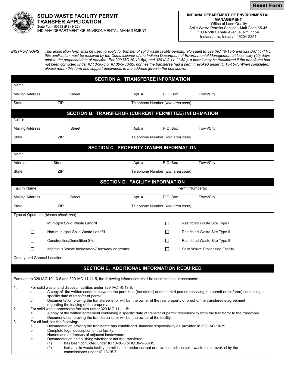State Form 50393 Solid Waste Facility Permit Transfer Application - Indiana, Page 1