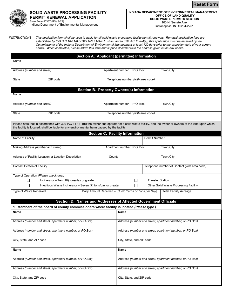 State Form 50387 Solid Waste Processing Facility Permit Renewal Application - Indiana, Page 1