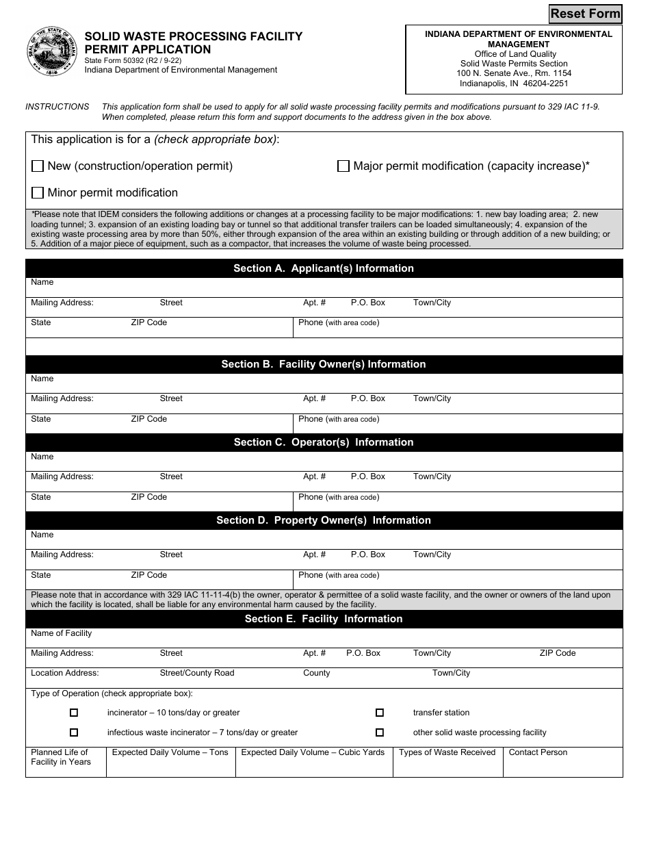 State Form 50392 Solid Waste Processing Facility Permit Application - Indiana, Page 1