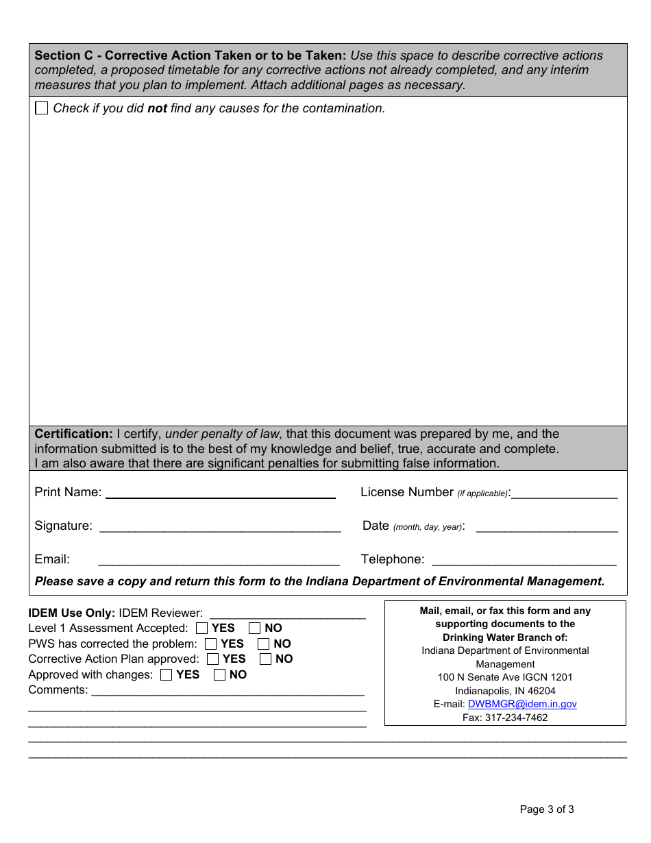 State Form 52998 Level 1 Assessment - Non-transient Non-community (Ntnc) or Community Public Water System (Pws) - Indiana, Page 3