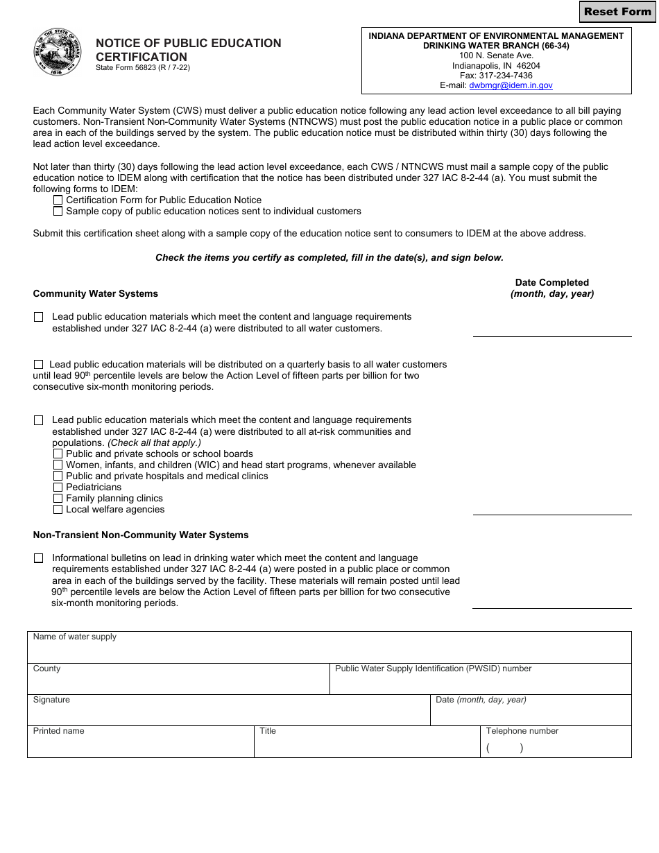 State Form 56823 Notice of Public Education Certification - Indiana, Page 1