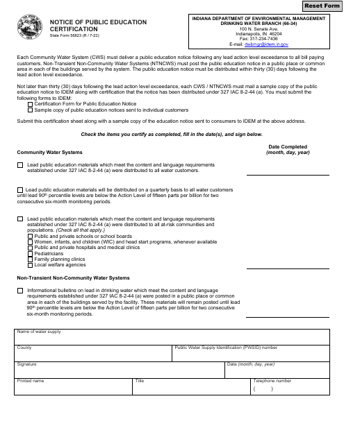 State Form 56823 Notice of Public Education Certification - Indiana