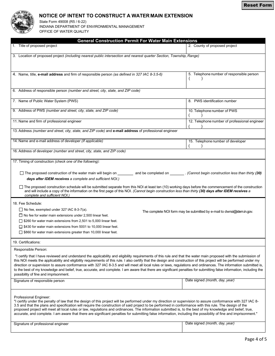 State Form 49008 Notice of Intent to Construct a Water Main Extension - Indiana, Page 4