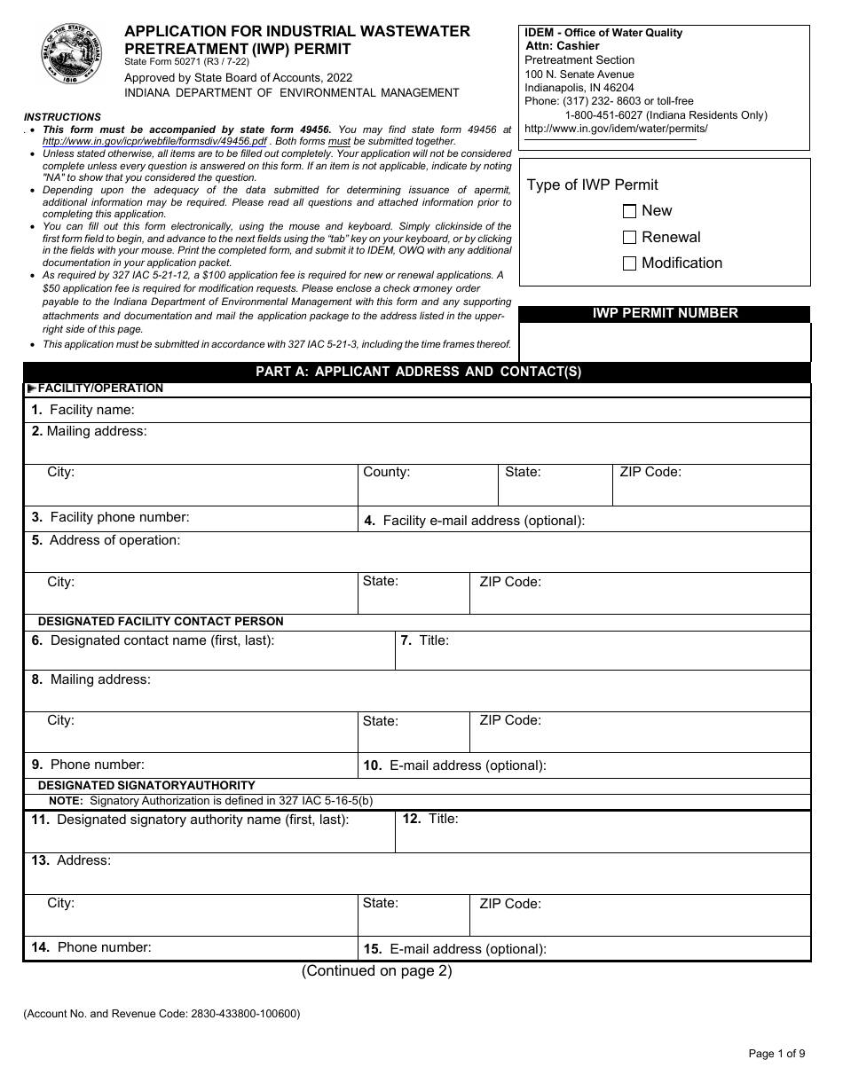 State Form 50271 Application for Industrial Wastewater Pretreatment (Iwp) Permit - Indiana, Page 1