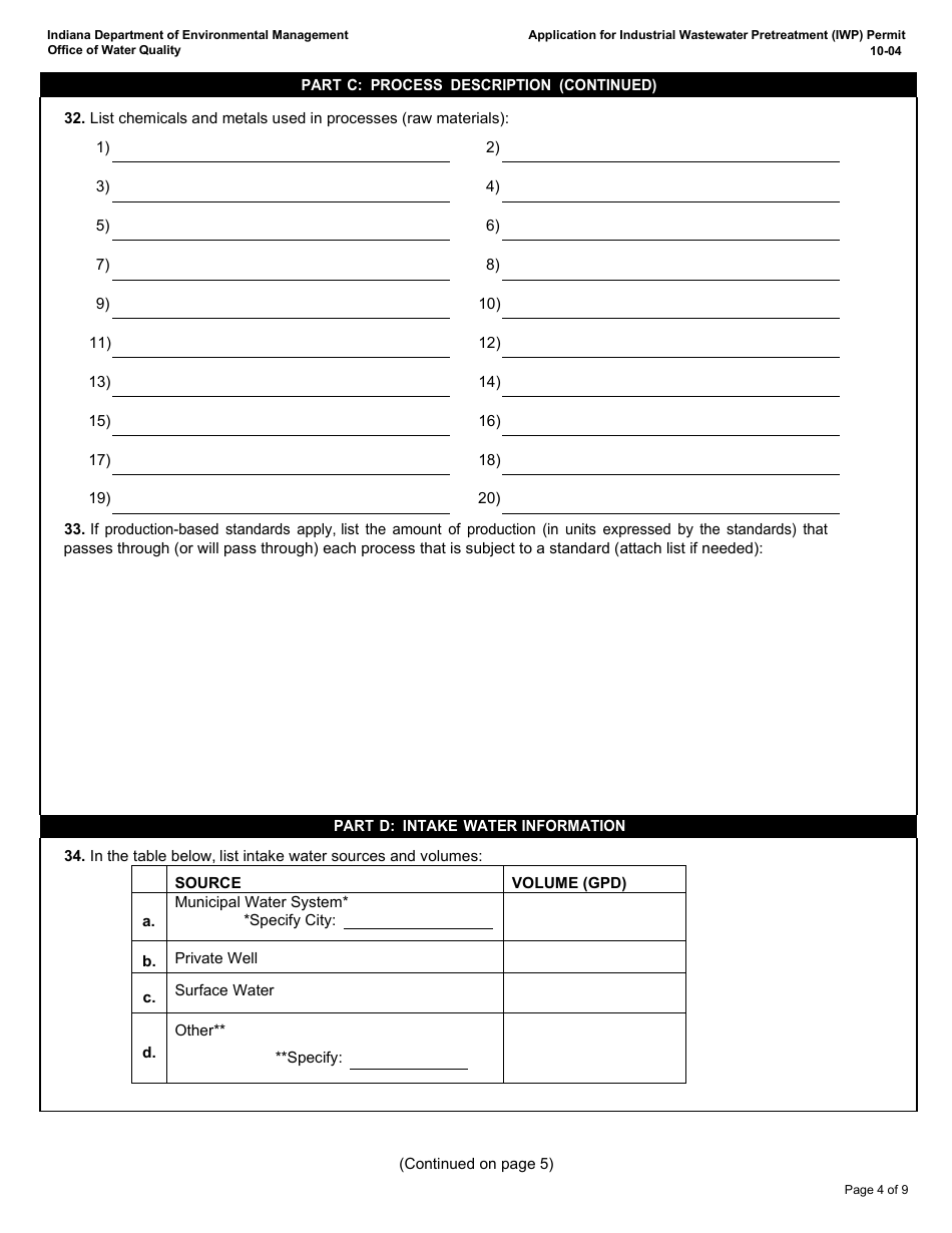 State Form 50271 Application for Industrial Wastewater Pretreatment (Iwp) Permit - Indiana, Page 4