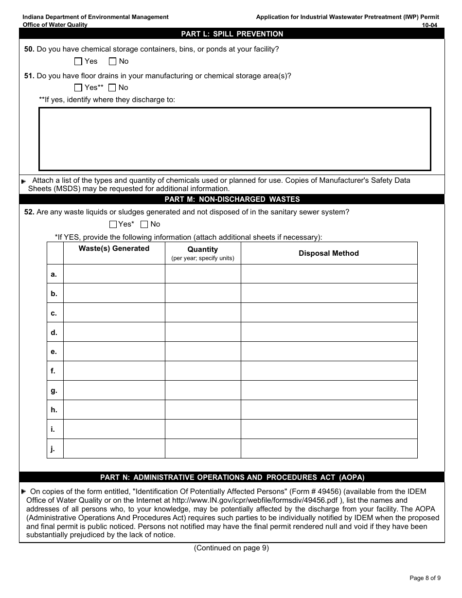 State Form 50271 Application for Industrial Wastewater Pretreatment (Iwp) Permit - Indiana, Page 8