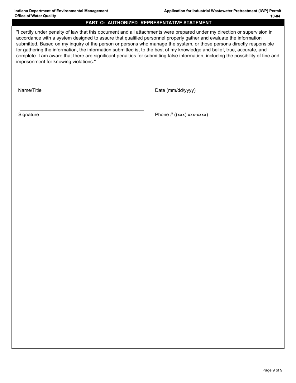 State Form 50271 Application for Industrial Wastewater Pretreatment (Iwp) Permit - Indiana, Page 9