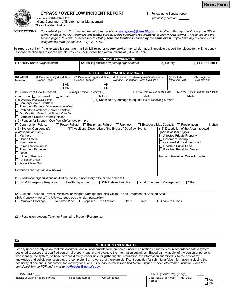 State Form 48373 Bypass / Overflow Incident Report - Indiana, Page 1