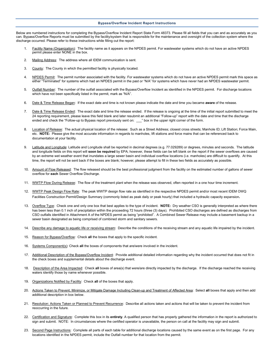 State Form 48373 Bypass / Overflow Incident Report - Indiana, Page 3
